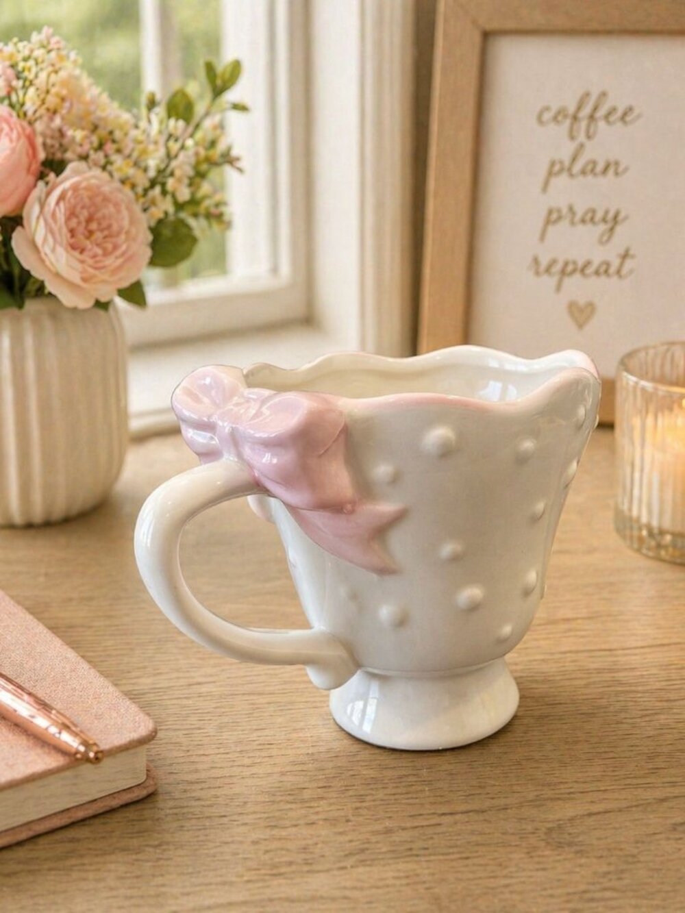 New Pink & White Ceramic Girly Bow Tie Coffee Mug